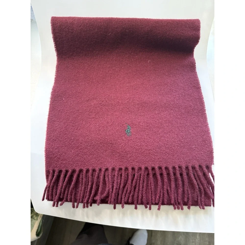 Polo Ralph Lauren Lambswool Scarf Burgundy Scotland Pony Logo Fringe 60x11.5